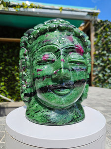 Buddha Head Sculpted from Ruby Zoisite from Tanzania Symbol of wisdom and peace