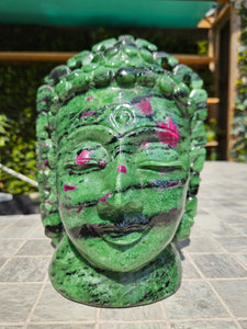 Buddha Head Sculpted from Ruby Zoisite from Tanzania Symbol of wisdom and peace