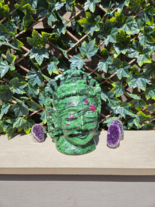 Buddha Head Sculpted from Ruby Zoisite from Tanzania Symbol of wisdom and peace