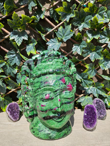 Buddha Head Sculpted from Ruby Zoisite from Tanzania Symbol of wisdom and peace