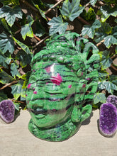 Load image into Gallery viewer, Buddha Head Sculpted from Ruby Zoisite from Tanzania Symbol of wisdom and peace
