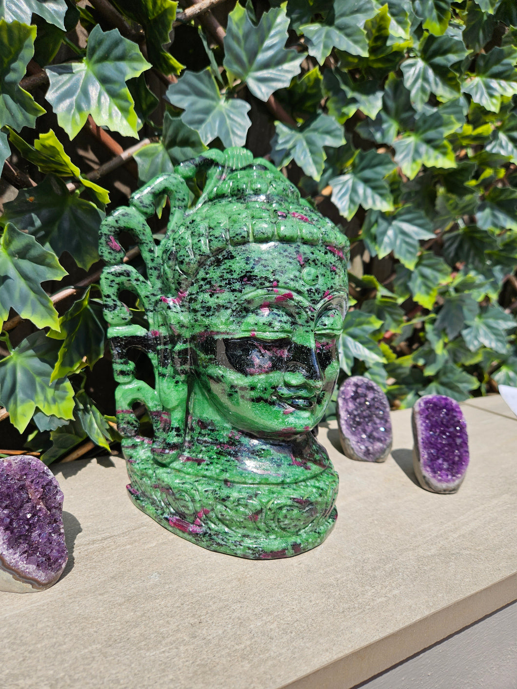 Buddha Head Sculpted from Ruby Zoisite from Tanzania Symbol of wisdom and peace